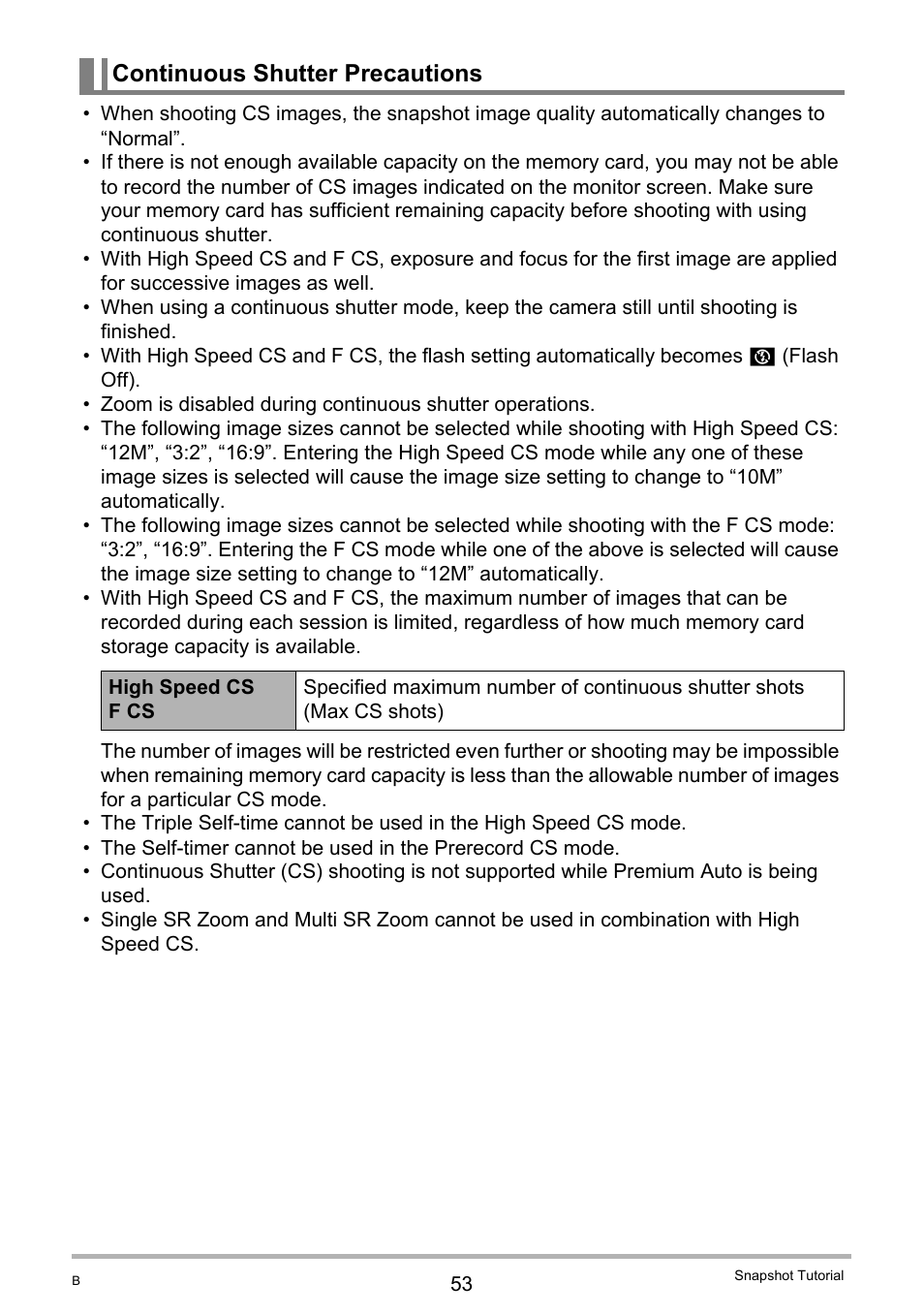 Continuous shutter precautions | Casio EXILIM EX-ZR10 User Manual | Page 53 / 199