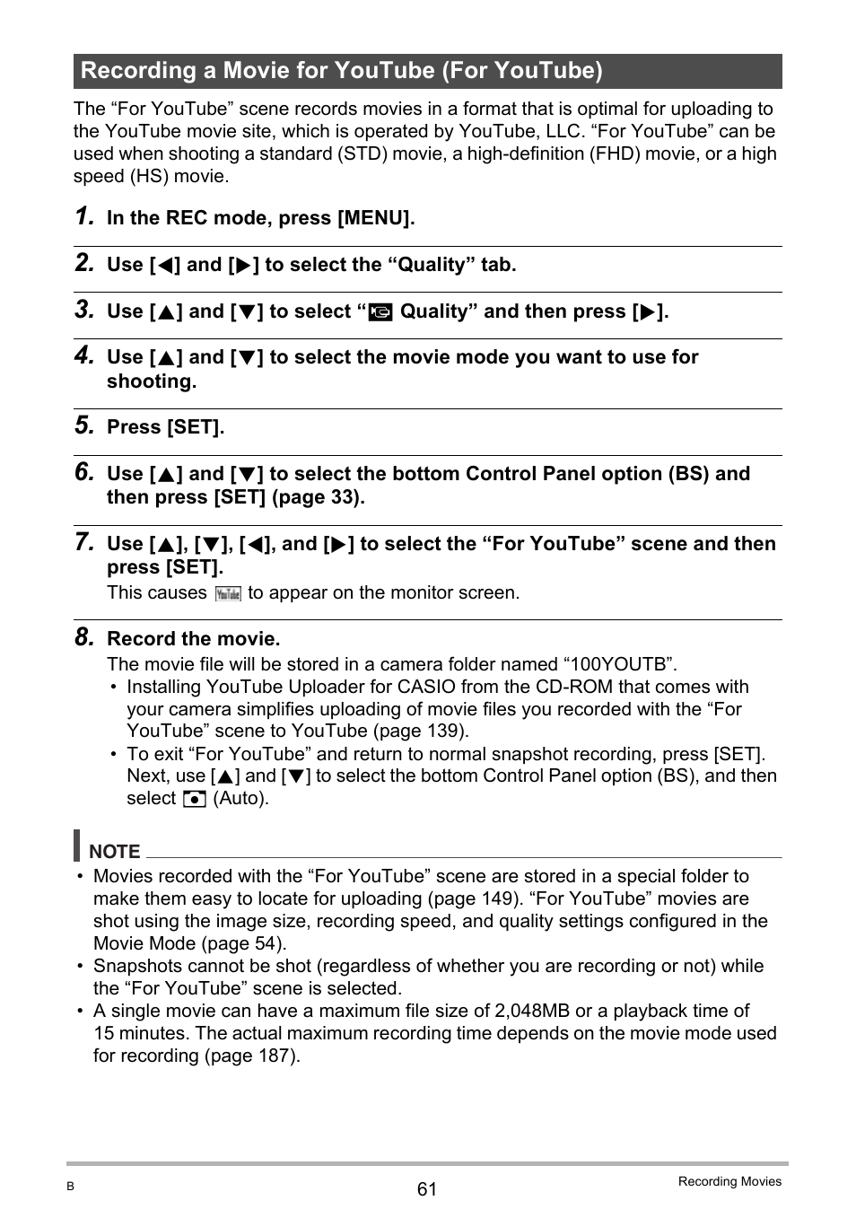 Recording a movie for youtube (for youtube) | Casio EXILIM EX-ZR10 User Manual | Page 61 / 199