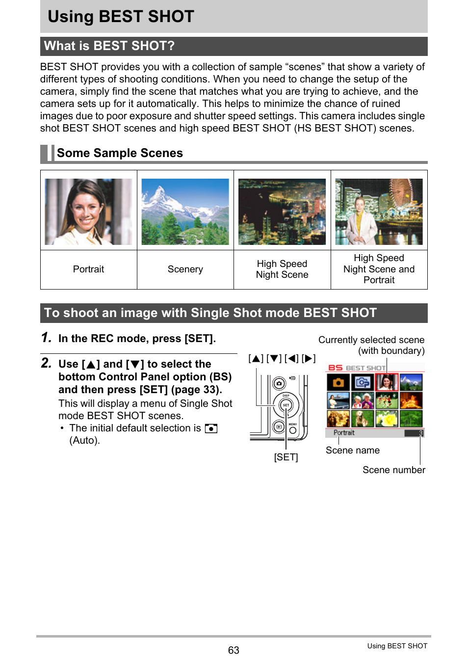 Using best shot, What is best shot, Some sample scenes | To shoot an image with single shot mode best shot | Casio EXILIM EX-ZR10 User Manual | Page 63 / 199
