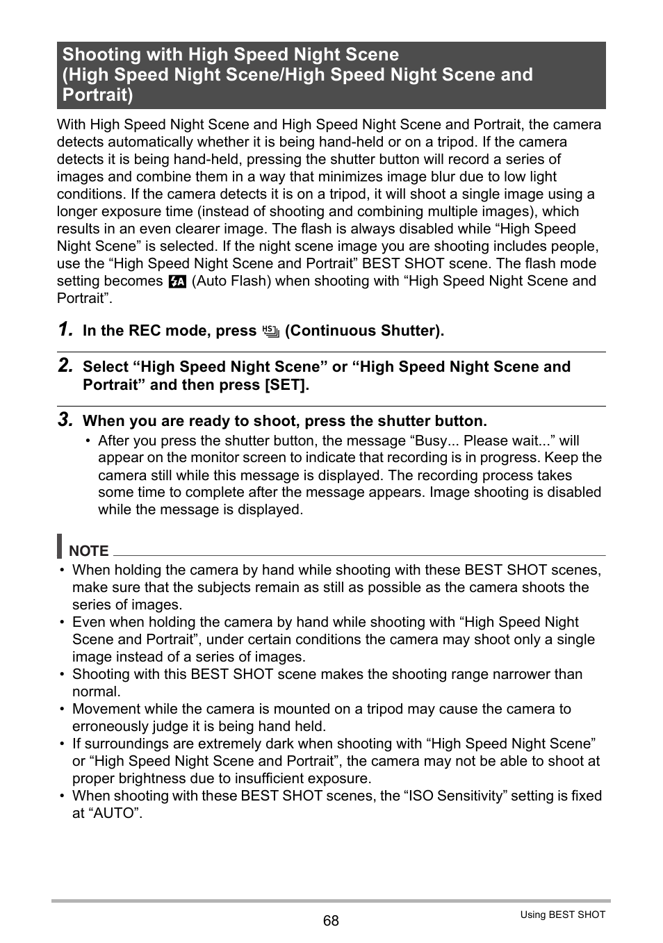 Shooting with high speed night scene | Casio EXILIM EX-ZR10 User Manual | Page 68 / 199