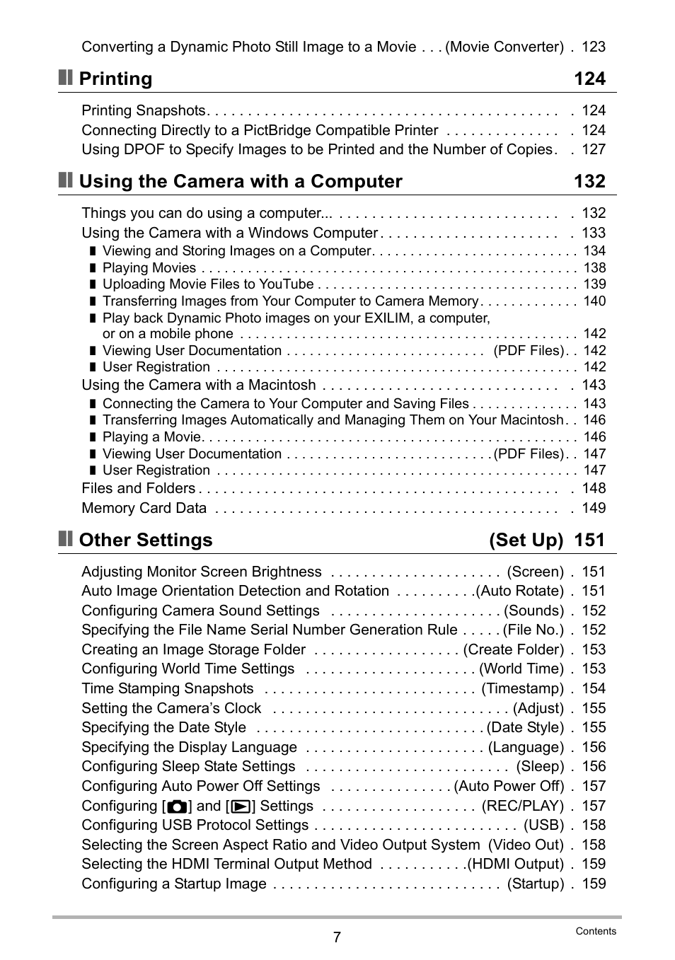 Printing 124, Using the camera with a computer 132, Other settings (set up) 151 | Casio EXILIM EX-ZR10 User Manual | Page 7 / 199