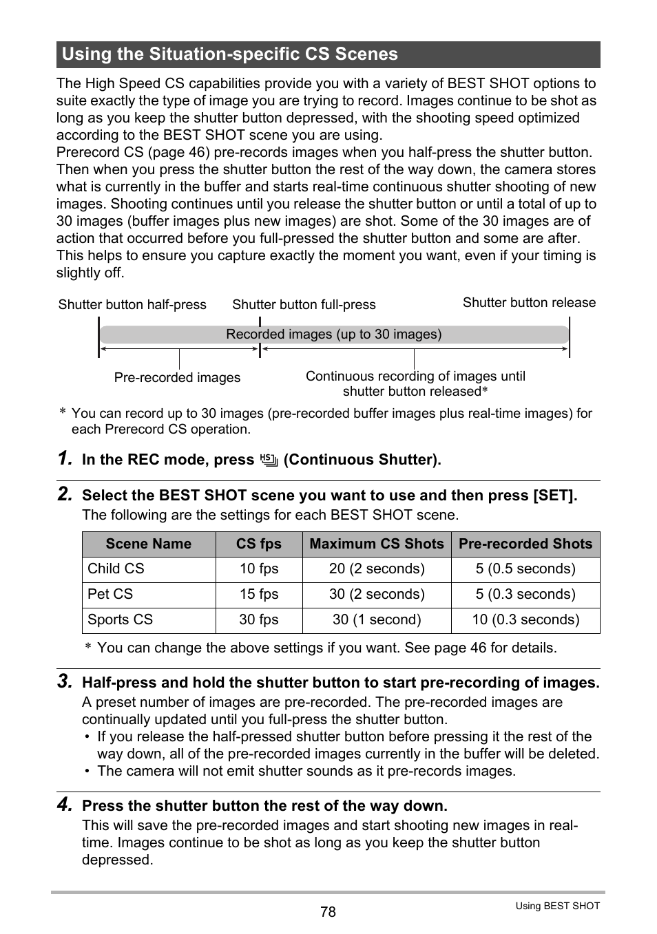 Using the situation-specific cs scenes | Casio EXILIM EX-ZR10 User Manual | Page 78 / 199