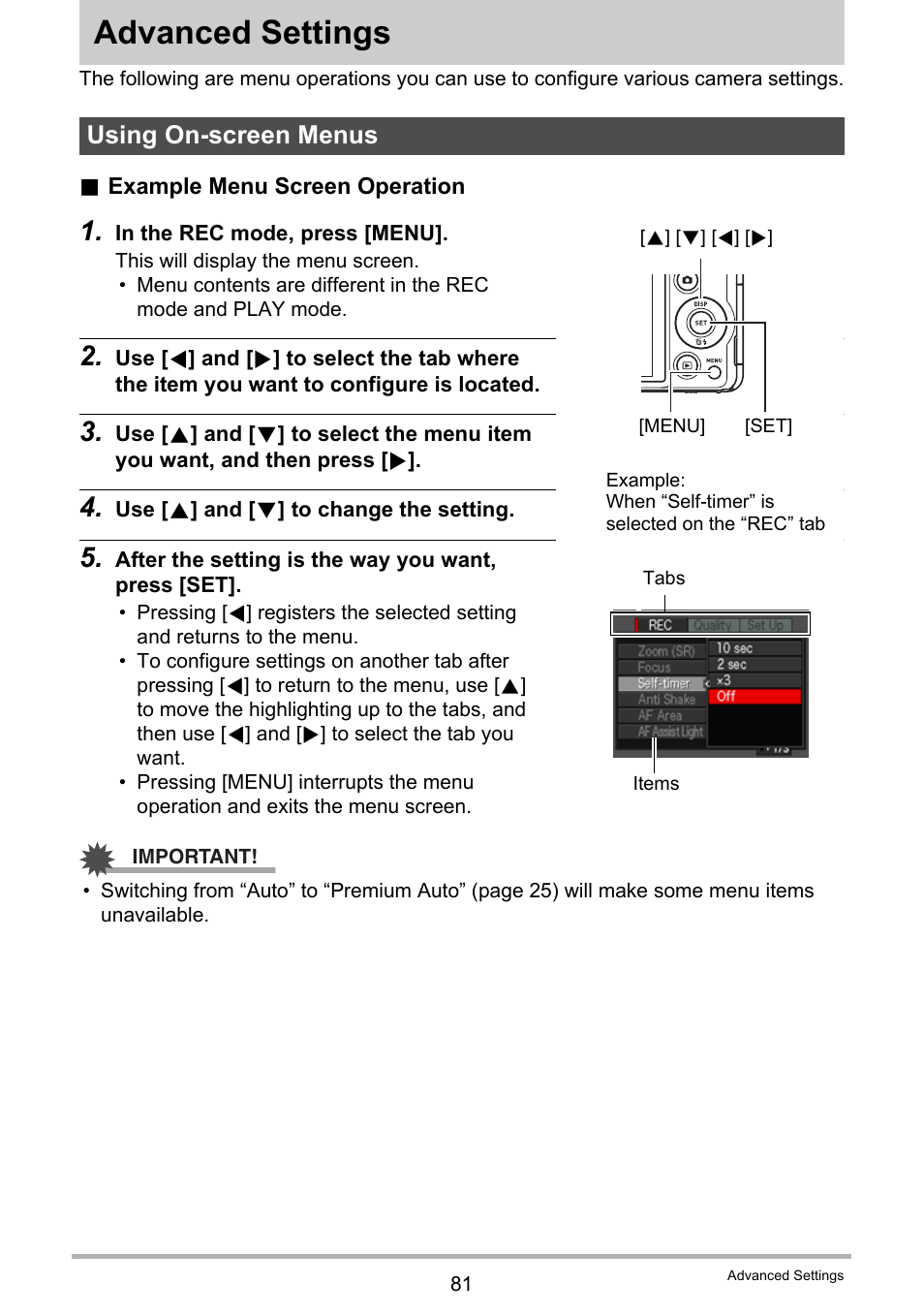 Advanced settings, Using on-screen menus | Casio EXILIM EX-ZR10 User Manual | Page 81 / 199