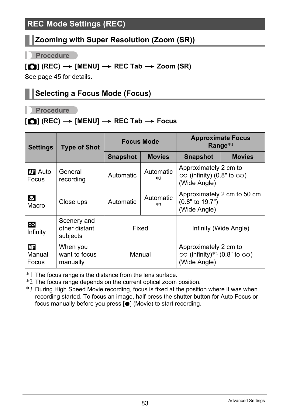 Rec mode settings (rec), Zooming with super resolution (zoom (sr)), Selecting a focus mode (focus) | Casio EXILIM EX-ZR10 User Manual | Page 83 / 199