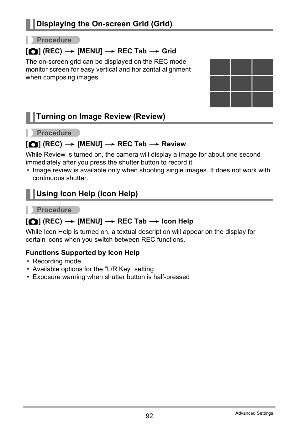 Displaying the on-screen grid (grid), Turning on image review (review), Using icon help (icon help) | Casio EXILIM EX-ZR10 User Manual | Page 92 / 199