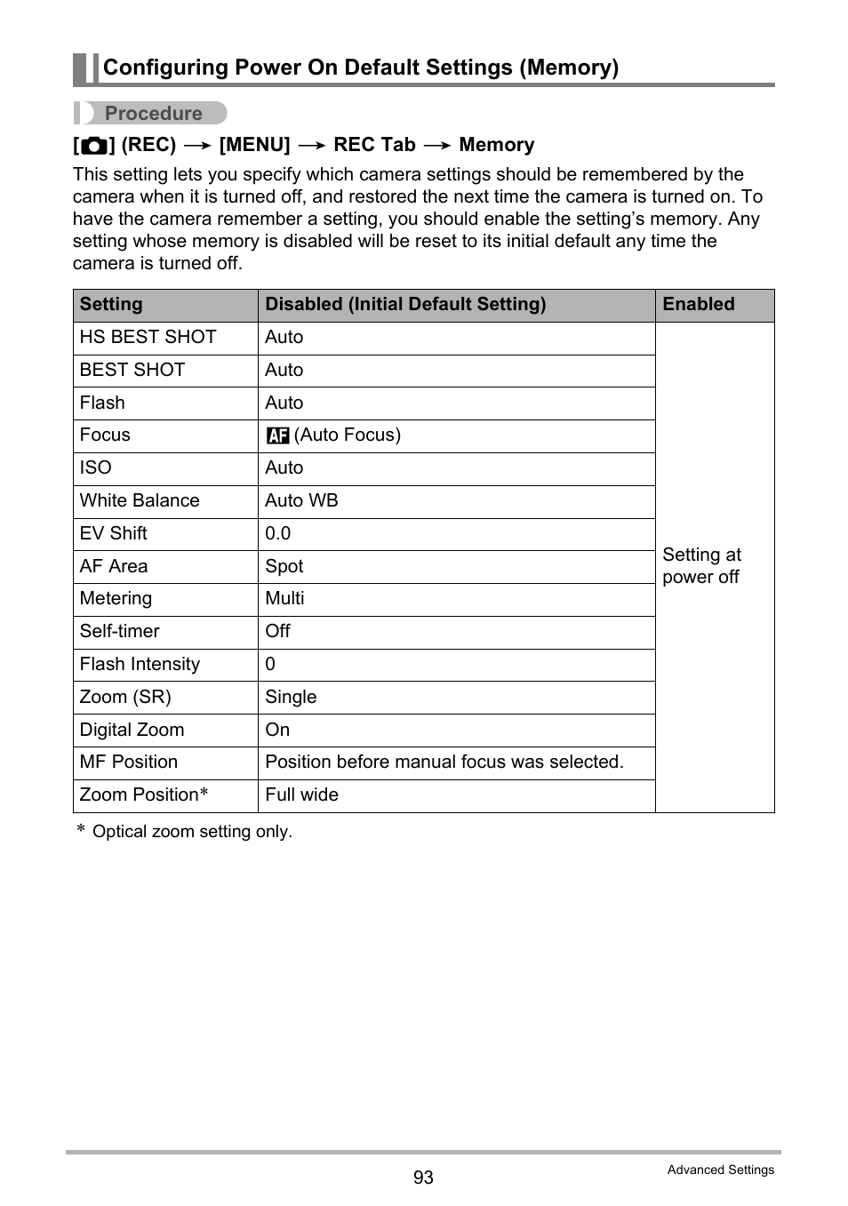 Configuring power on default settings (memory) | Casio EXILIM EX-ZR10 User Manual | Page 93 / 199