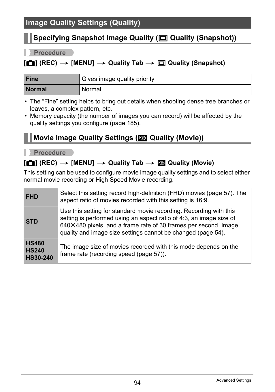 Image quality settings (quality), Movie image quality settings (_ quality (movie)), Movie image quality settings ( » quality (movie)) | Casio EXILIM EX-ZR10 User Manual | Page 94 / 199