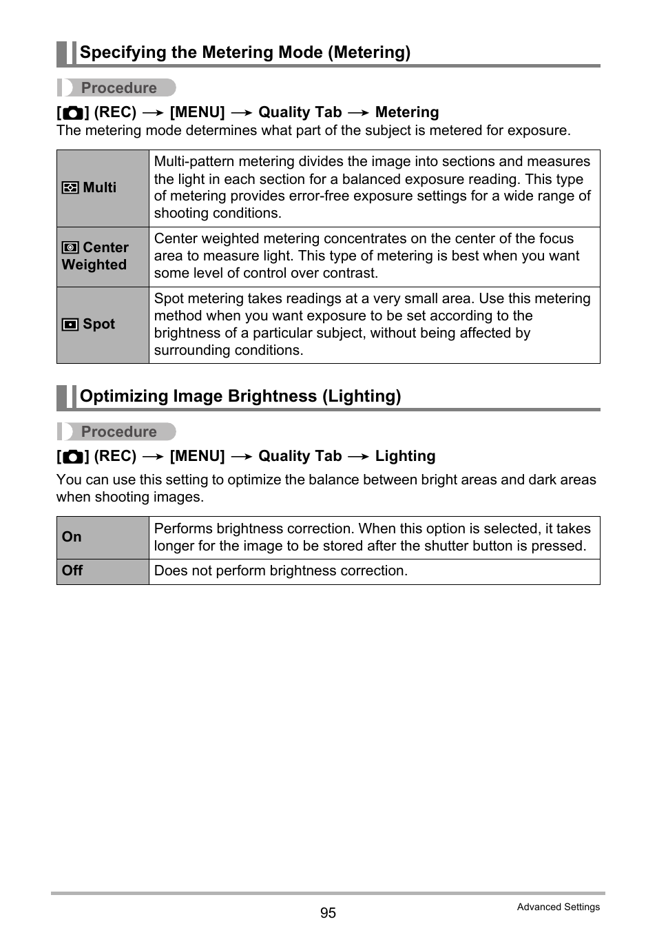 Specifying the metering mode (metering), Optimizing image brightness (lighting) | Casio EXILIM EX-ZR10 User Manual | Page 95 / 199