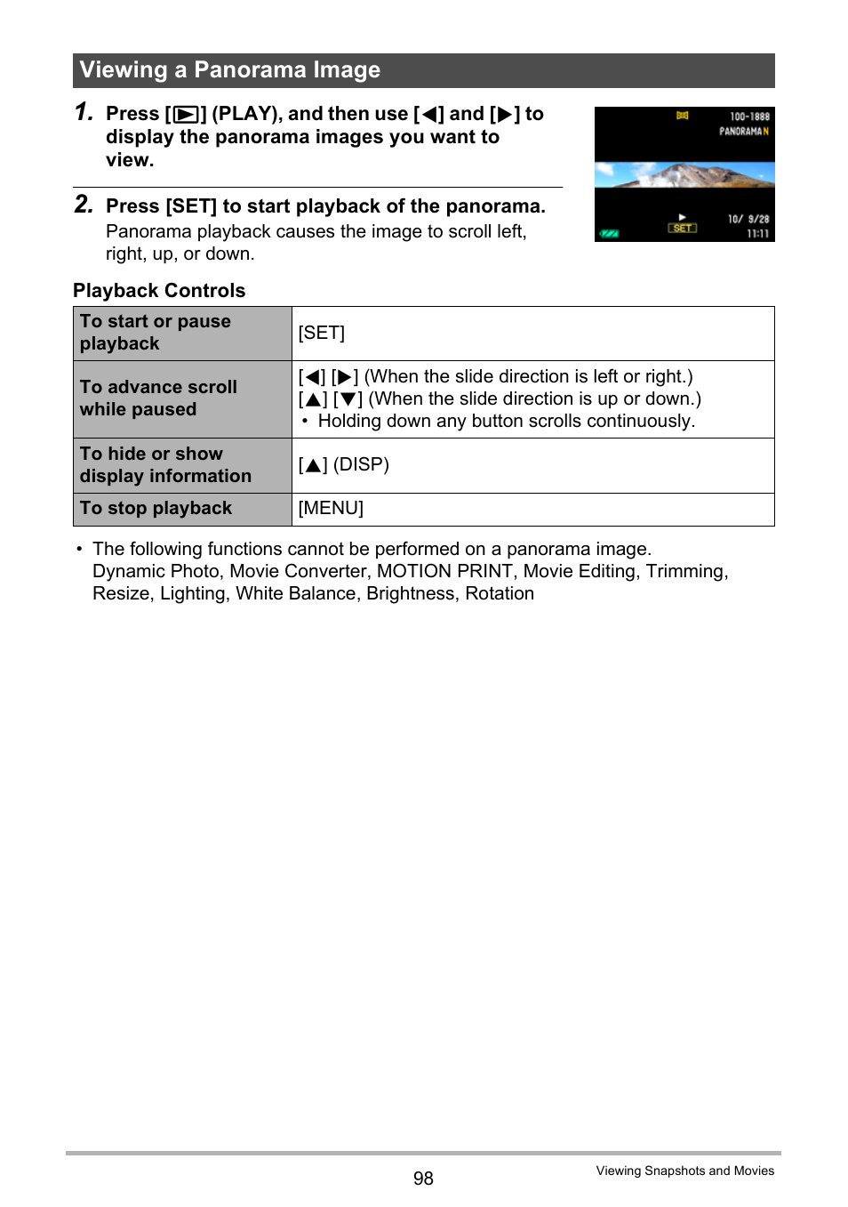 Viewing a panorama image | Casio EXILIM EX-ZR10 User Manual | Page 98 / 199