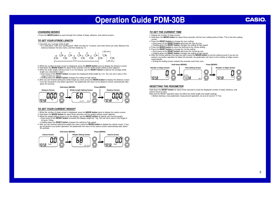 Changing modes, To set your stride length, To set your current weight | To set the current time, Resetting the pedometer, Operation guide pdm-30b | Casio PDM-30B User Manual | Page 2 / 3