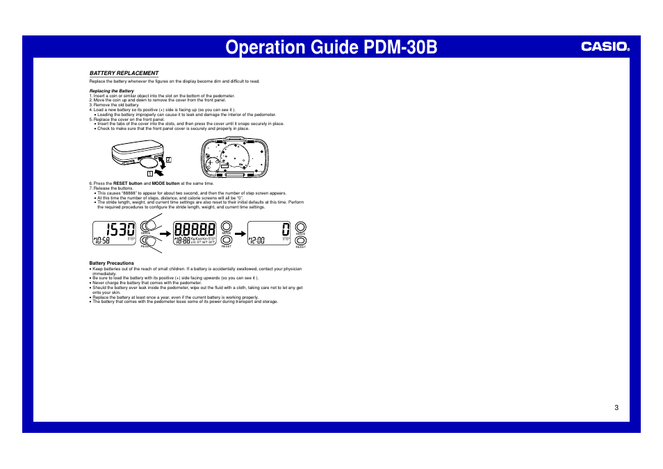 Battery replacement, Operation guide pdm-30b | Casio PDM-30B User Manual | Page 3 / 3