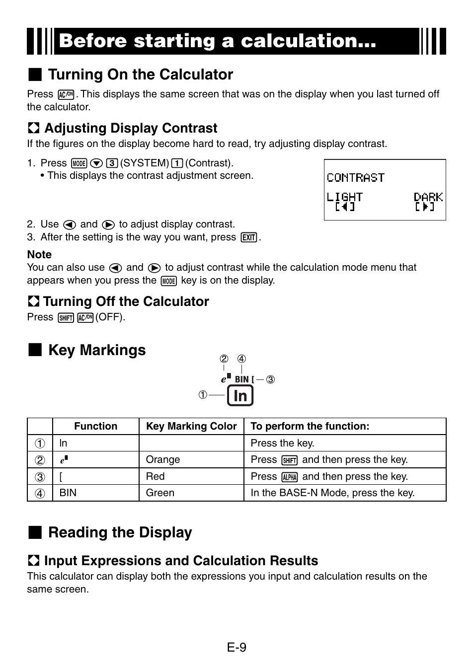 Before starting a calculation, Turning on the calculator, Key markings | Reading the display, A adjusting display contrast, A turning off the calculator, A input expressions and calculation results | Casio fx-5800P User Manual | Page 10 / 147