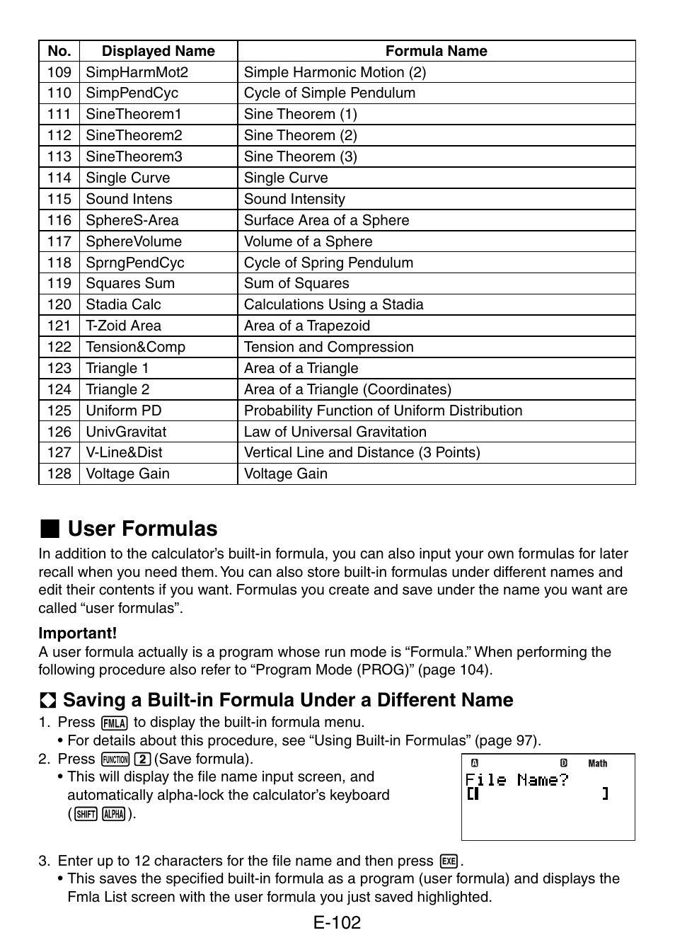 User formulas, A saving a built-in formula under a different name, E-102 | Casio fx-5800P User Manual | Page 103 / 147