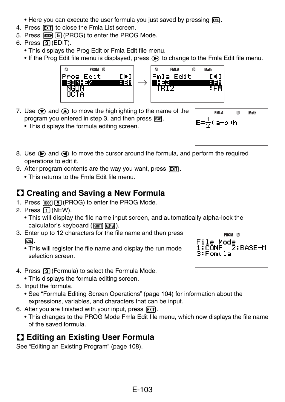 A creating and saving a new formula, A editing an existing user formula, E-103 | Casio fx-5800P User Manual | Page 104 / 147