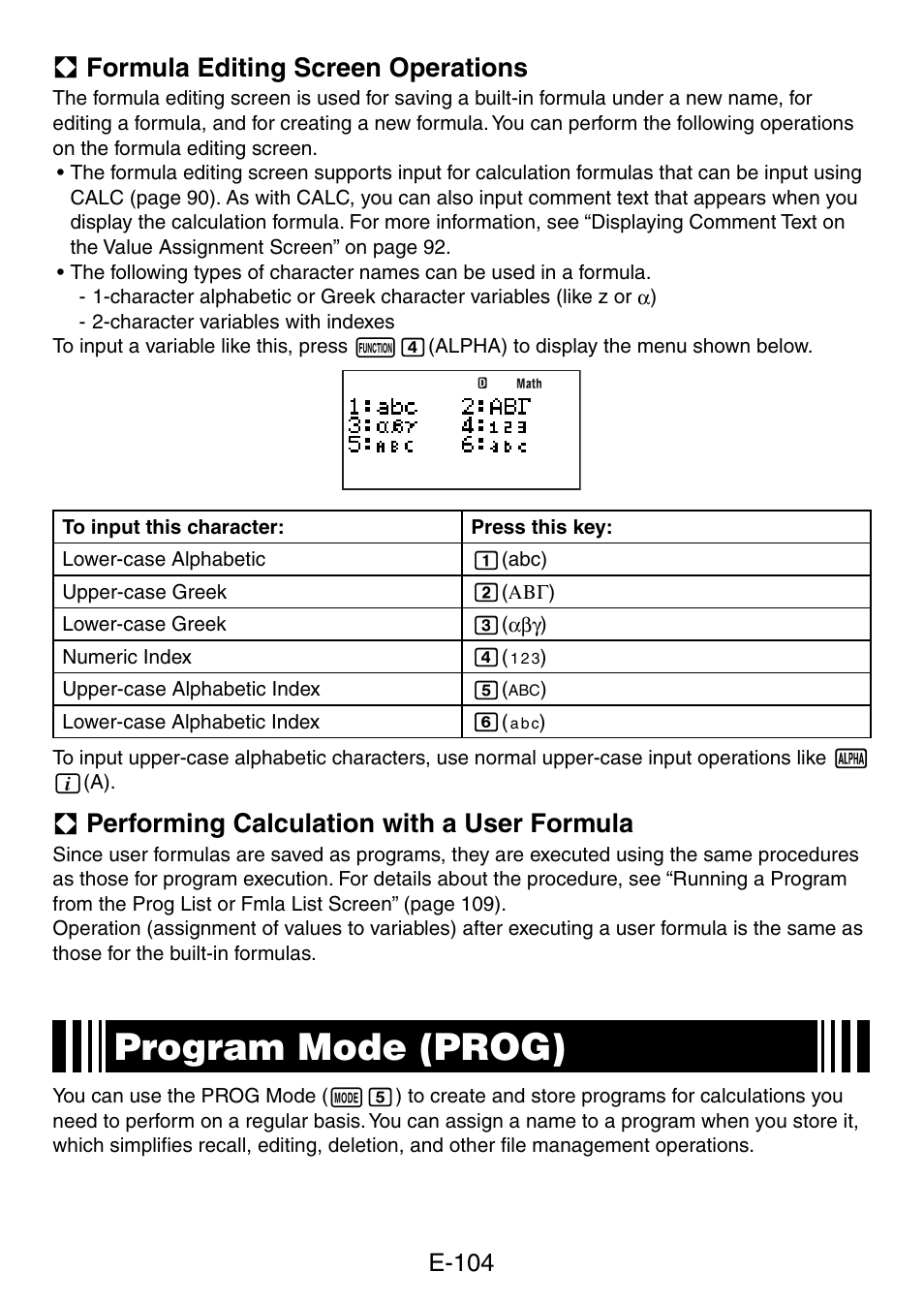 Program mode (prog), A formula editing screen operations, A performing calculation with a user formula | E-104 | Casio fx-5800P User Manual | Page 105 / 147