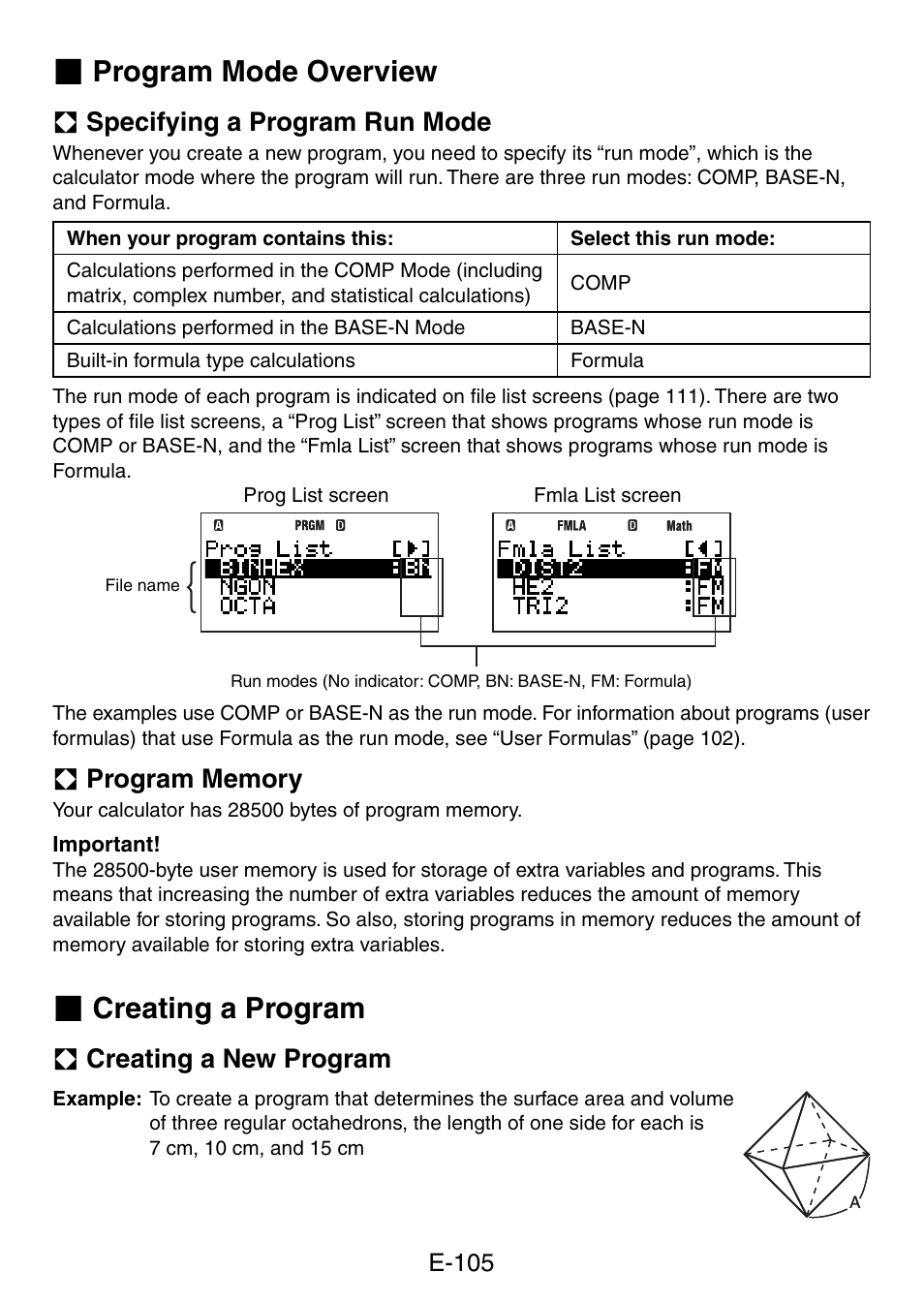 Program mode overview, Creating a program, A specifying a program run mode | A creating a new program | Casio fx-5800P User Manual | Page 106 / 147