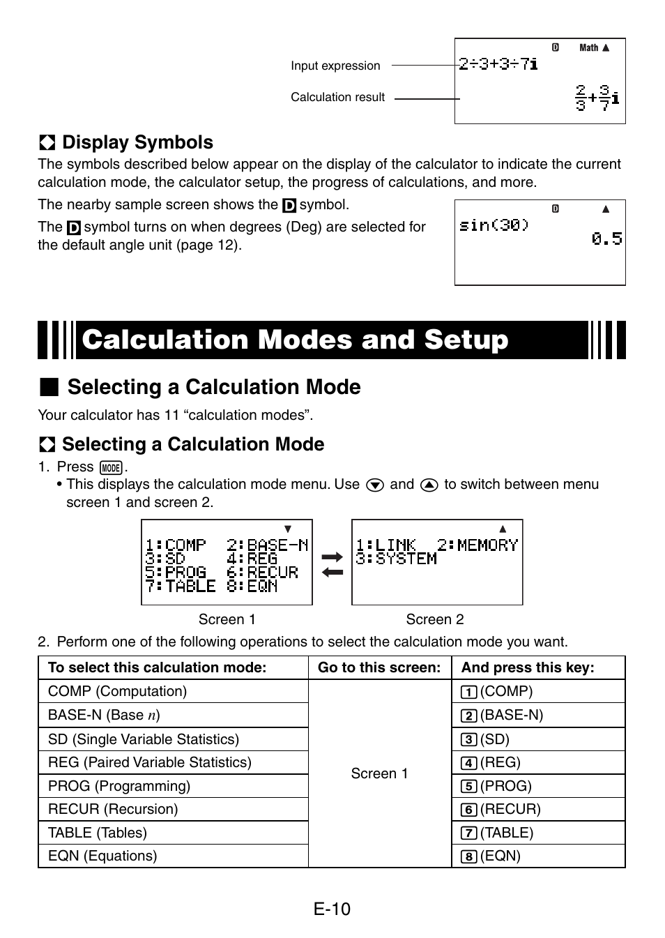 Calculation modes and setup, Selecting a calculation mode, A display symbols | A selecting a calculation mode, E-10 | Casio fx-5800P User Manual | Page 11 / 147