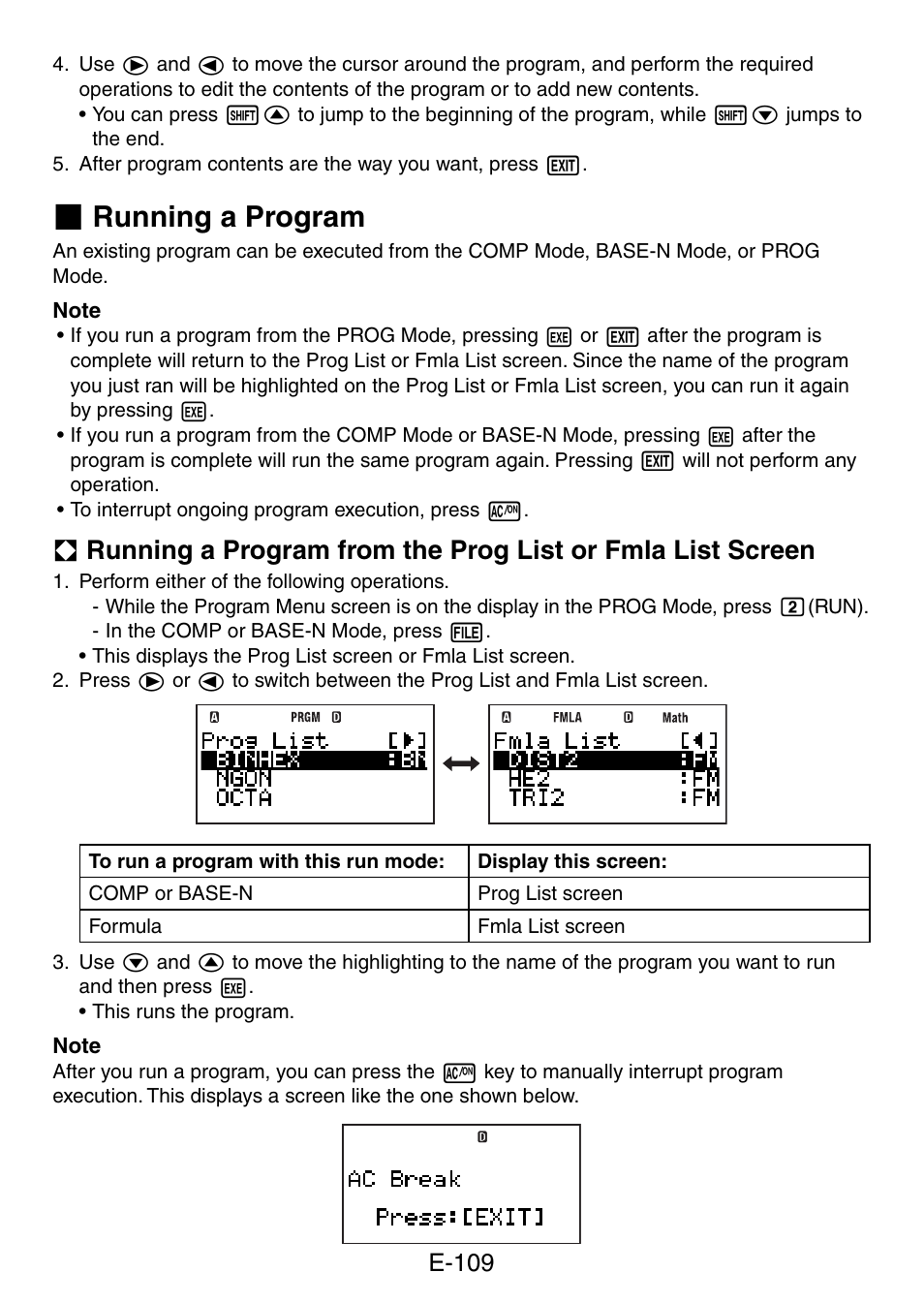 Running a program, E-109 | Casio fx-5800P User Manual | Page 110 / 147