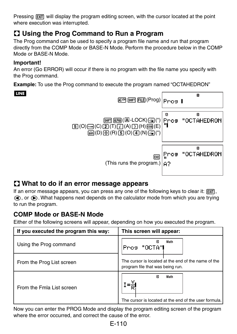 A using the prog command to run a program, A what to do if an error message appears, E-110 | Comp mode or base-n mode | Casio fx-5800P User Manual | Page 111 / 147