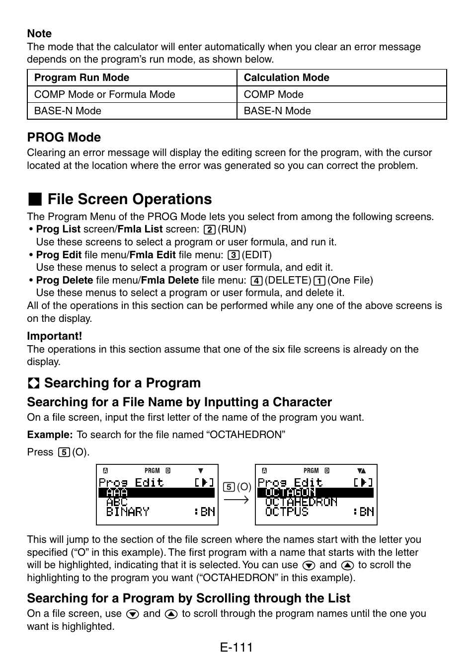 File screen operations, A searching for a program, E-111 | Prog mode, Searching for a file name by inputting a character | Casio fx-5800P User Manual | Page 112 / 147