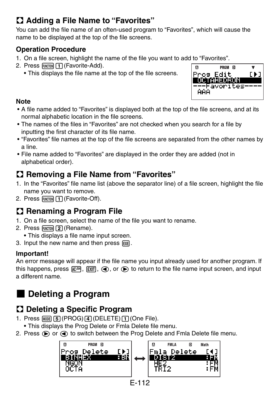 Deleting a program, A adding a file name to “favorites, A removing a file name from “favorites | A renaming a program file, A deleting a speciﬁ c program, E-112 | Casio fx-5800P User Manual | Page 113 / 147