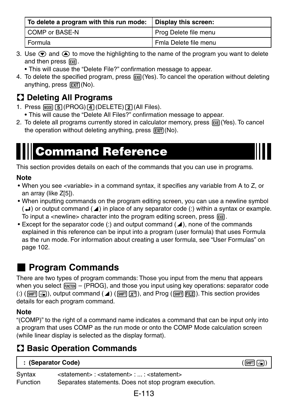 Command reference, Program commands, A deleting all programs | A basic operation commands, E-113 | Casio fx-5800P User Manual | Page 114 / 147