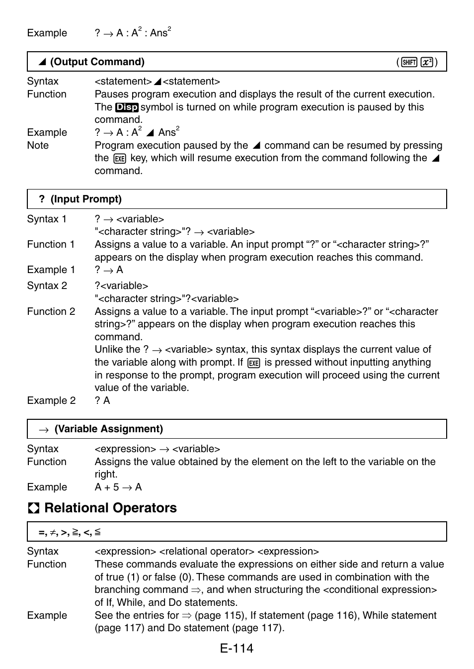 A relational operators, E-114 | Casio fx-5800P User Manual | Page 115 / 147