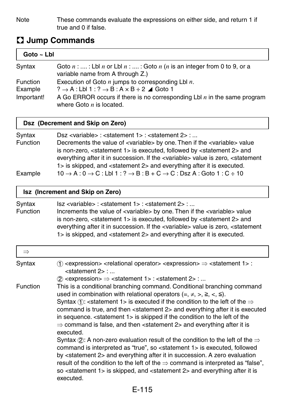 A jump commands, E-115 | Casio fx-5800P User Manual | Page 116 / 147