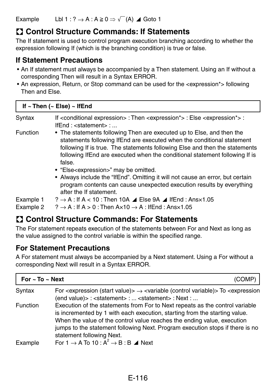 A control structure commands: if statements, A control structure commands: for statements, E-116 | If statement precautions, For statement precautions | Casio fx-5800P User Manual | Page 117 / 147