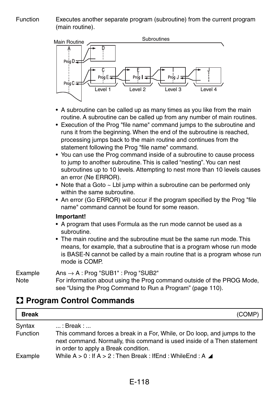 A program control commands, E-118 | Casio fx-5800P User Manual | Page 119 / 147