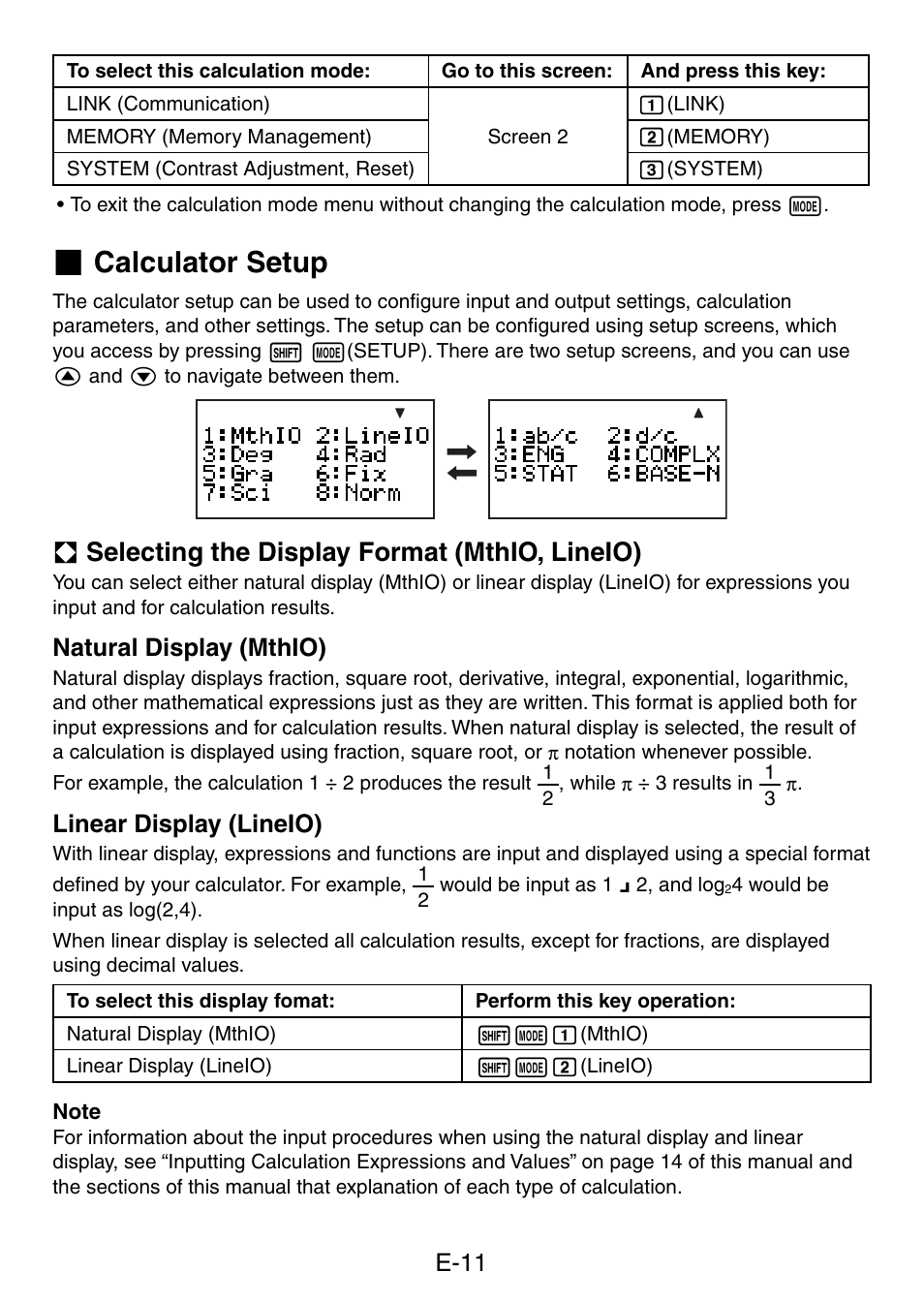 Calculator setup, A selecting the display format (mthio, lineio), E-11 | Natural display (mthio), Linear display (lineio) | Casio fx-5800P User Manual | Page 12 / 147