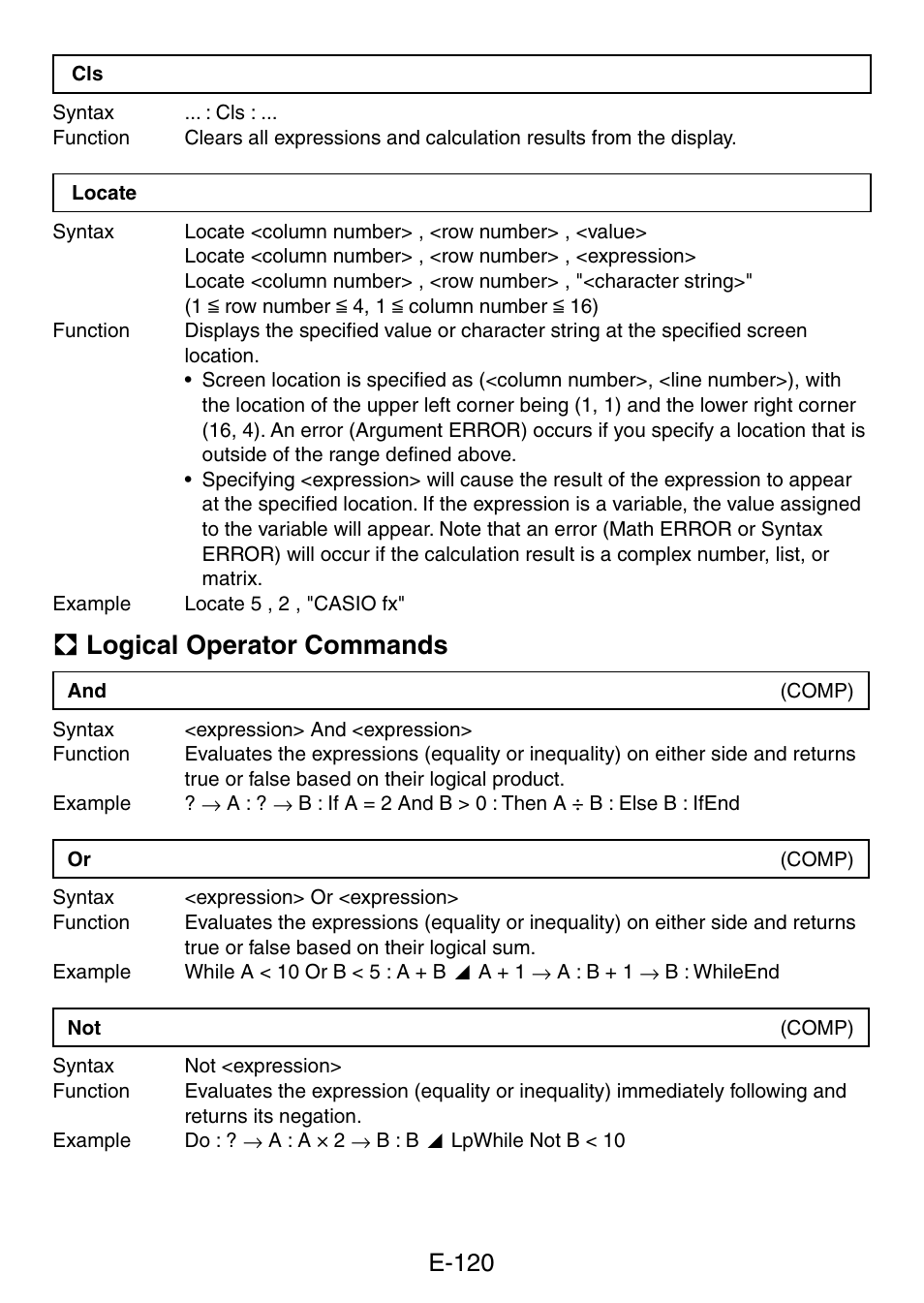 A logical operator commands, E-120 | Casio fx-5800P User Manual | Page 121 / 147