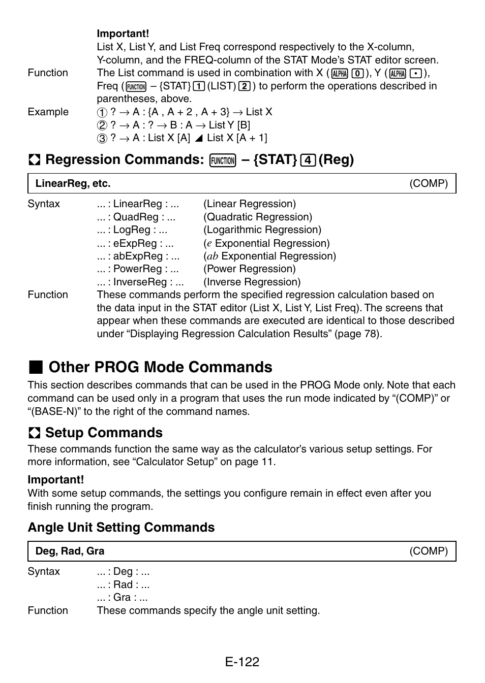 Other prog mode commands, A regression commands: z – {stat} 4 (reg), A setup commands | E-122, Angle unit setting commands | Casio fx-5800P User Manual | Page 123 / 147