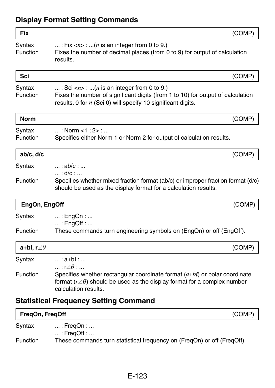 E-123 display format setting commands, Statistical frequency setting command | Casio fx-5800P User Manual | Page 124 / 147