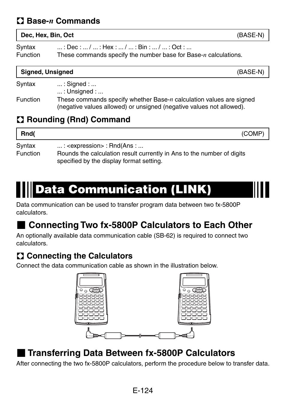 Data communication (link), Connecting two fx-5800p calculators to each other, Transferring data between fx-5800p calculators | A base- n commands, A rounding (rnd) command, A connecting the calculators | Casio fx-5800P User Manual | Page 125 / 147