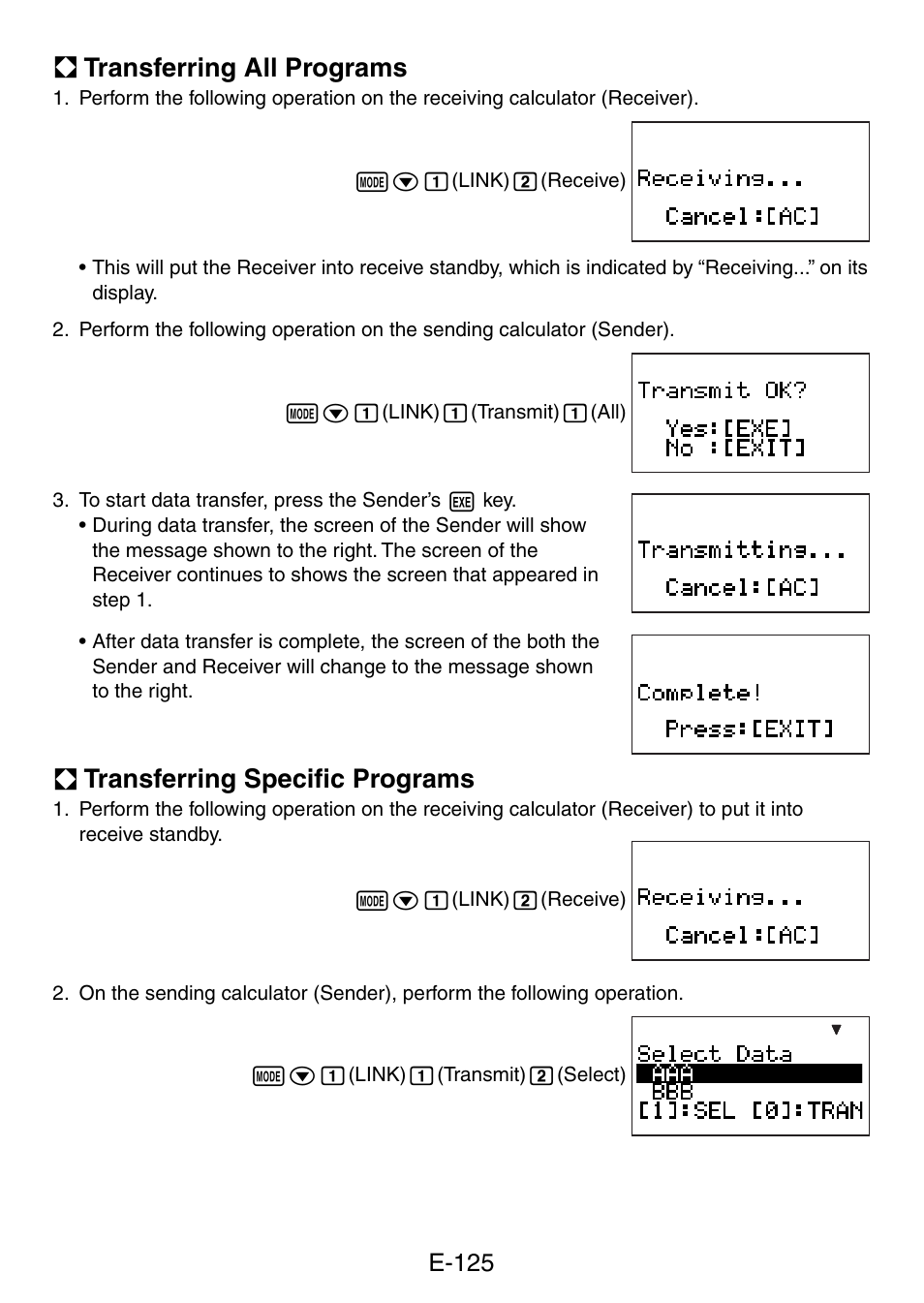 A transferring all programs, A transferring speciﬁ c programs, E-125 | Casio fx-5800P User Manual | Page 126 / 147
