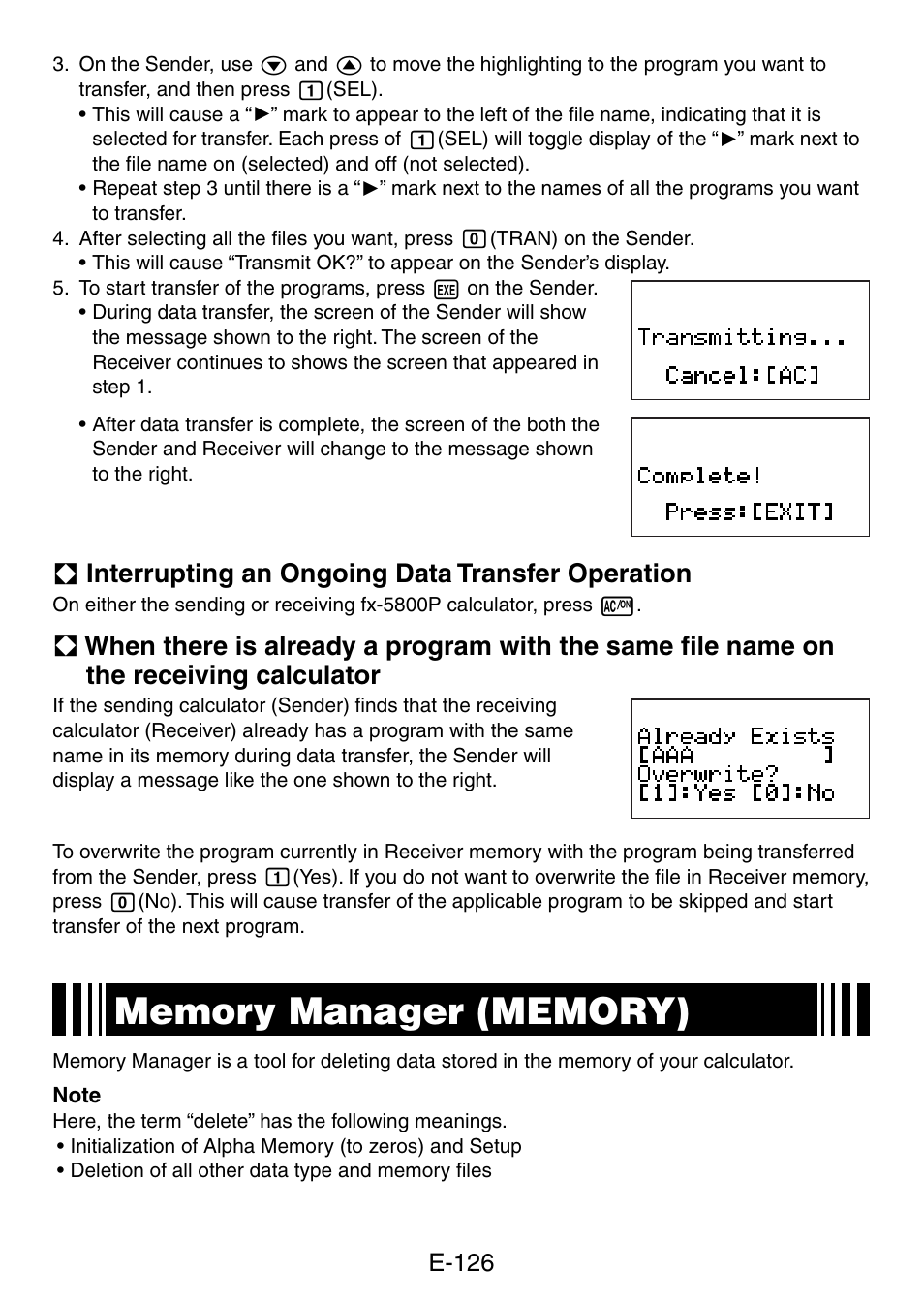 A interrupting an ongoing data transfer operation, E-126 | Casio fx-5800P User Manual | Page 127 / 147