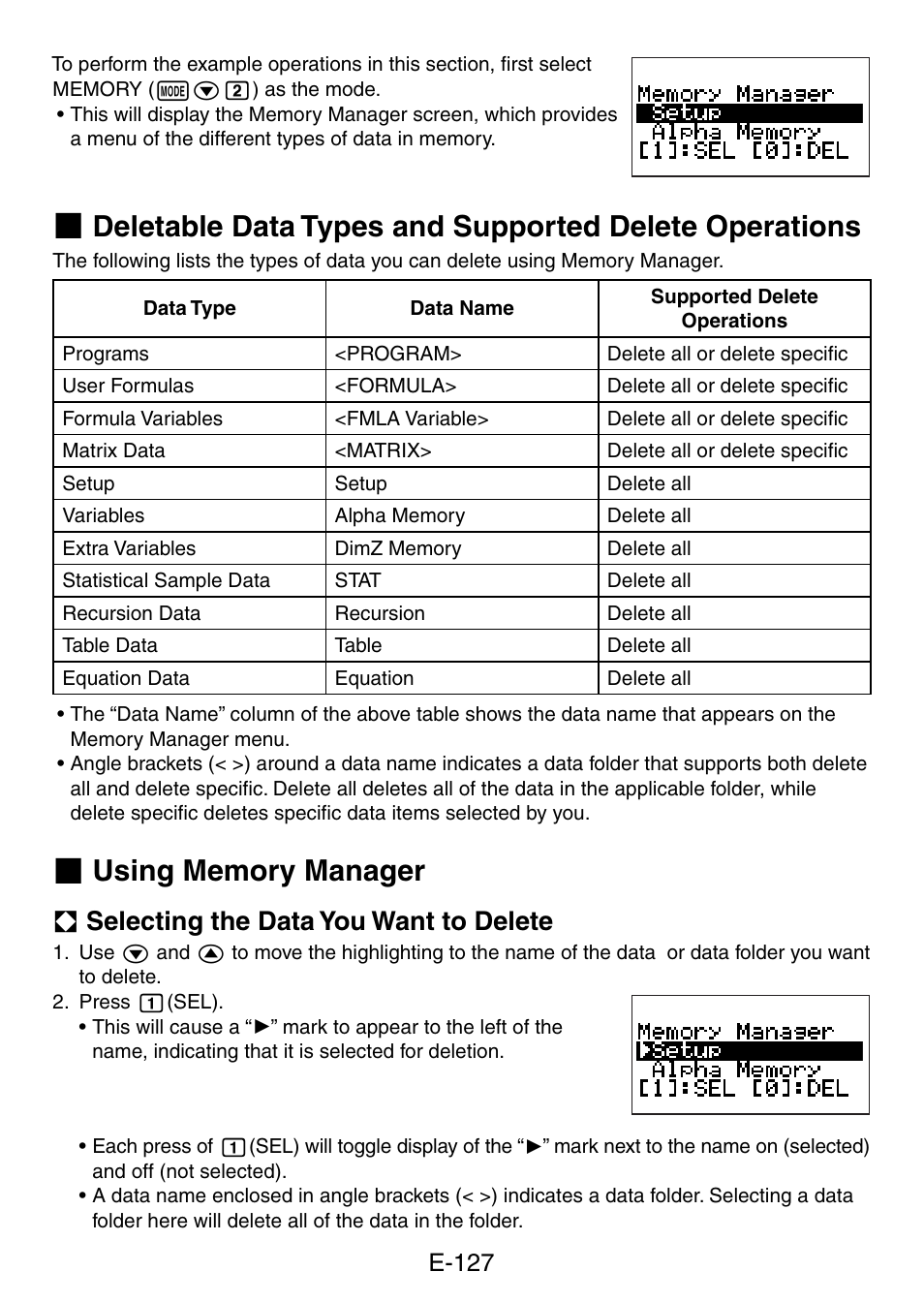 A selecting the data you want to delete, E-127 | Casio fx-5800P User Manual | Page 128 / 147