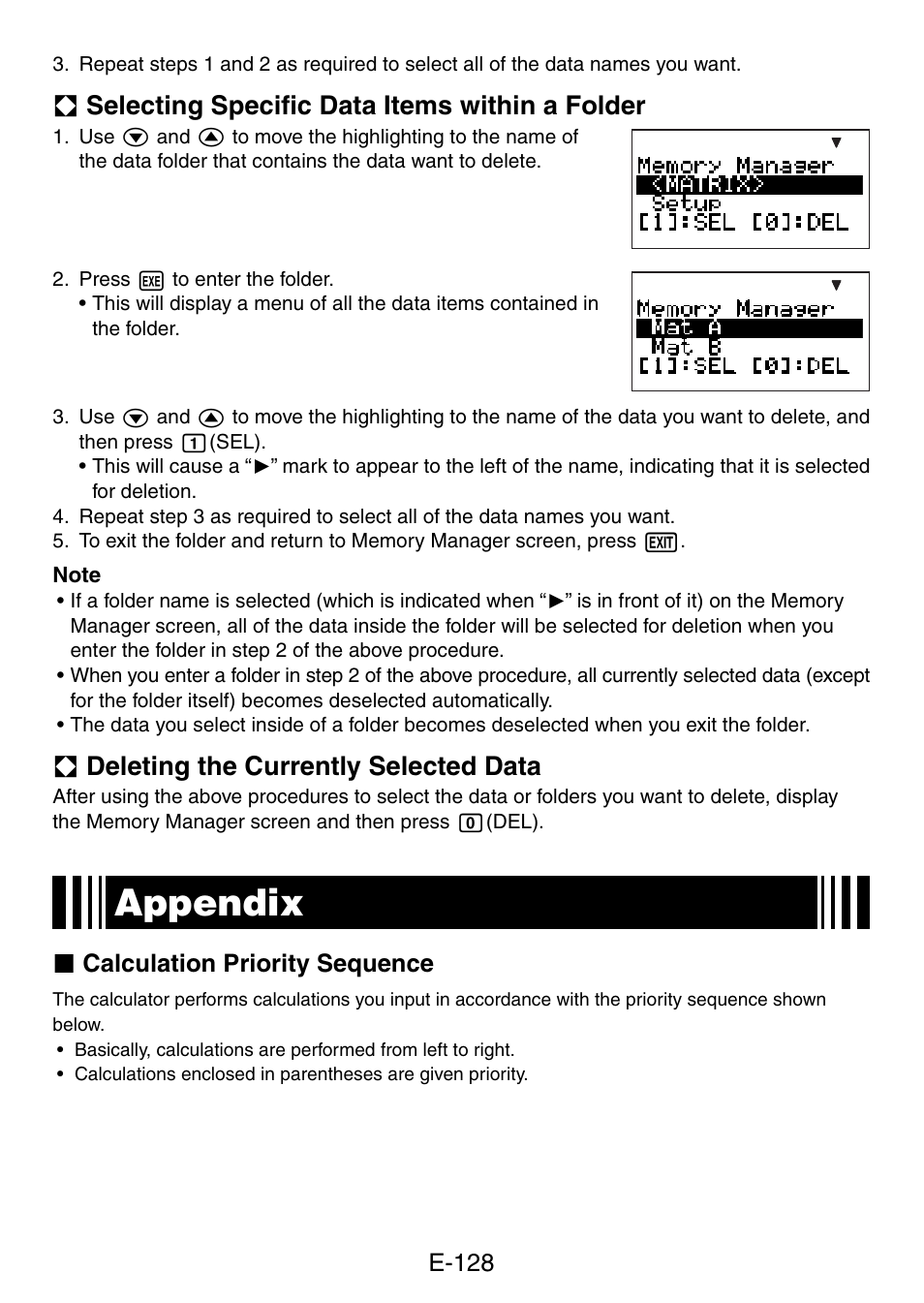 Appendix, A selecting speciﬁ c data items within a folder, A deleting the currently selected data | E-128, K calculation priority sequence | Casio fx-5800P User Manual | Page 129 / 147