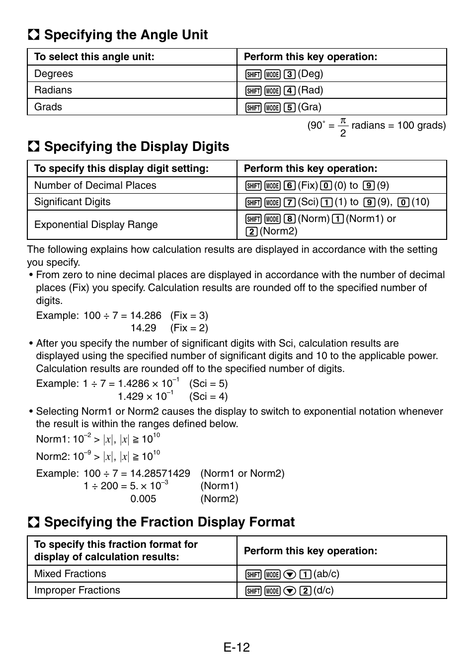 A specifying the angle unit, A specifying the display digits, A specifying the fraction display format | E-12 | Casio fx-5800P User Manual | Page 13 / 147