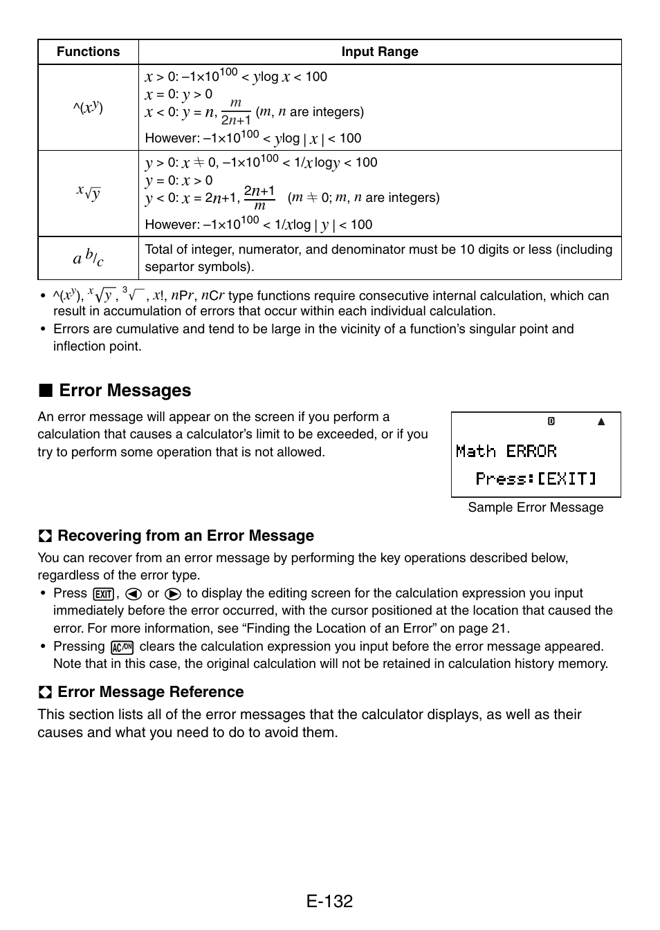 E-132, K error messages | Casio fx-5800P User Manual | Page 133 / 147
