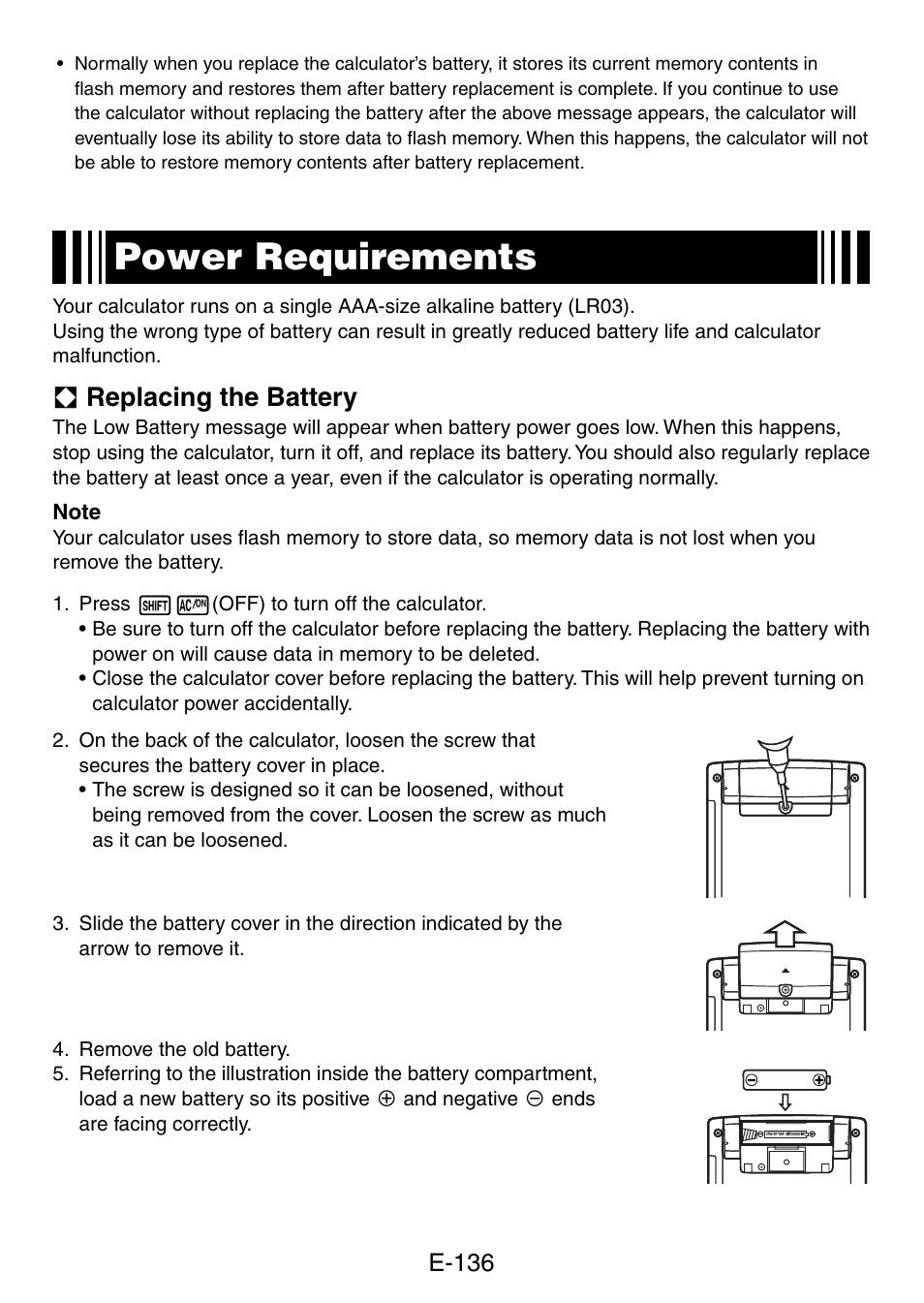 Power requirements, A replacing the battery, E-136 | Casio fx-5800P User Manual | Page 137 / 147