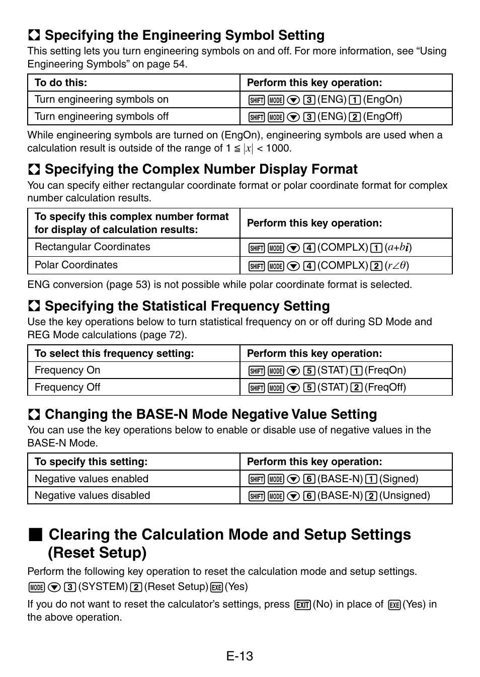 A specifying the engineering symbol setting, A specifying the complex number display format, A specifying the statistical frequency setting | A changing the base-n mode negative value setting, E-13 | Casio fx-5800P User Manual | Page 14 / 147