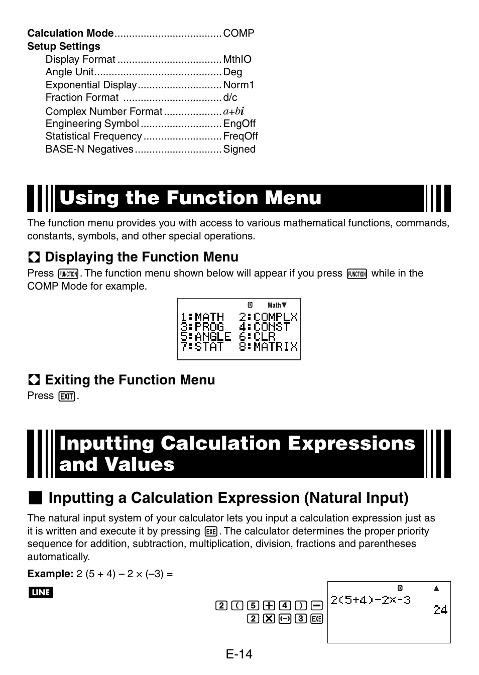 Using the function menu, Inputting calculation expressions and values, Inputting a calculation expression (natural input) | A displaying the function menu, A exiting the function menu | Casio fx-5800P User Manual | Page 15 / 147