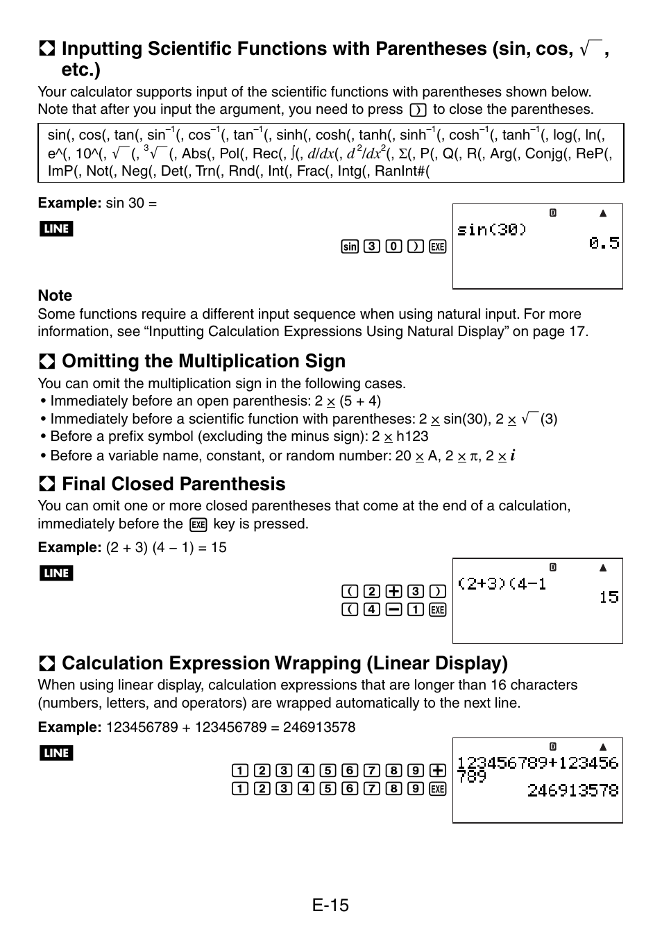 A omitting the multiplication sign, A final closed parenthesis, A calculation expression wrapping (linear display) | E-15 | Casio fx-5800P User Manual | Page 16 / 147