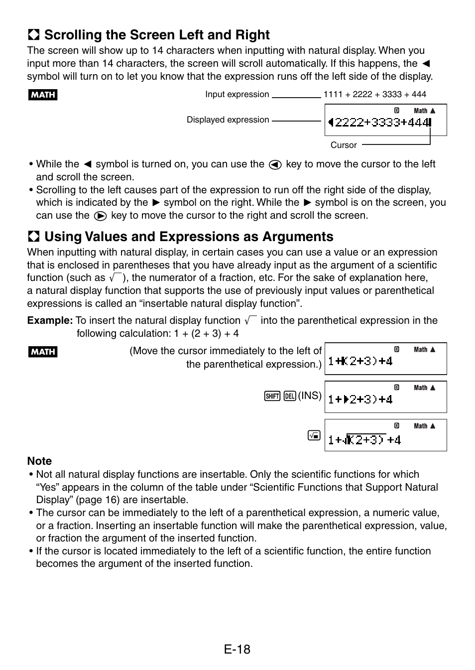 A scrolling the screen left and right, A using values and expressions as arguments, E-18 | Casio fx-5800P User Manual | Page 19 / 147