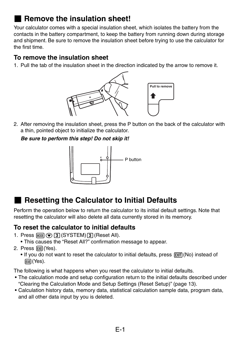 Remove the insulation sheet, Resetting the calculator to initial defaults | Casio fx-5800P User Manual | Page 2 / 147