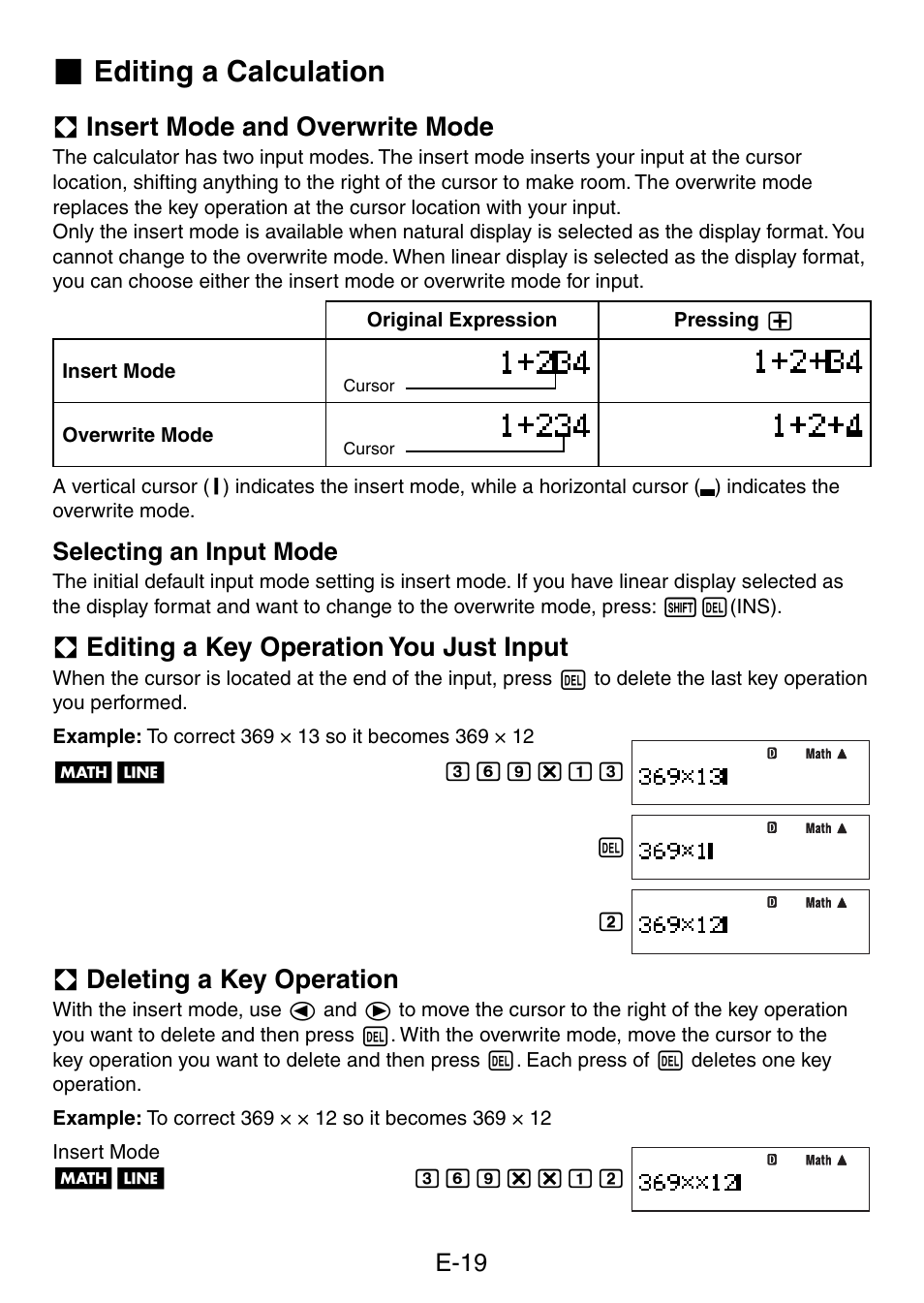 Editing a calculation, A insert mode and overwrite mode, A editing a key operation you just input | A deleting a key operation, E-19, Selecting an input mode | Casio fx-5800P User Manual | Page 20 / 147