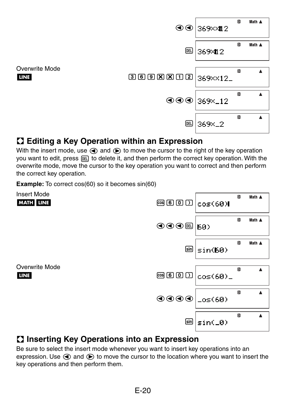 A editing a key operation within an expression, A inserting key operations into an expression, E-20 | Casio fx-5800P User Manual | Page 21 / 147