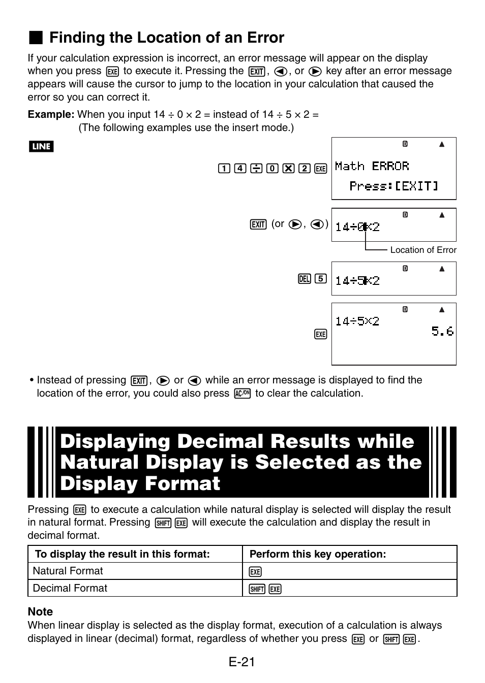 Finding the location of an error, E-21 | Casio fx-5800P User Manual | Page 22 / 147